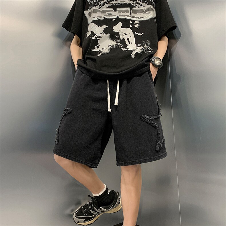 8XL-M特大码夏季美式高街五角星牛仔短裤港风宽松五分裤DK1513P40,男装休闲裤,电商D206-1