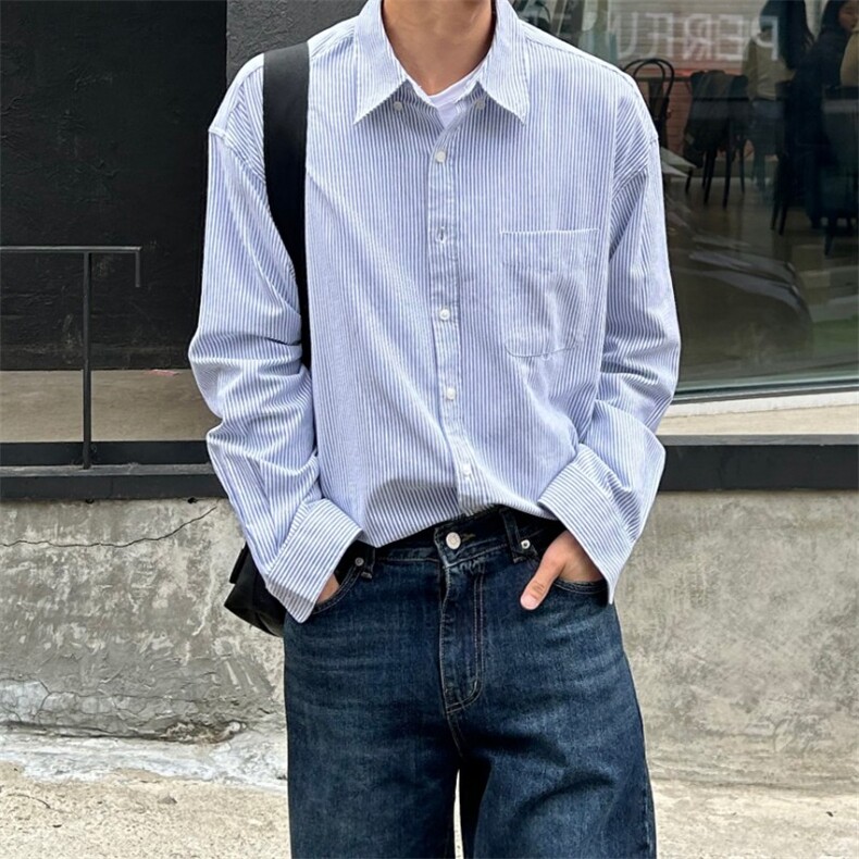 816B-CS015-P65条纹衬衫高级感宽松百搭韩版中性牛仔外套韩春,男装衬衫,星座816B
