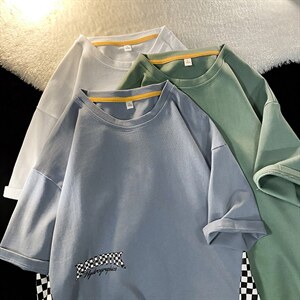 新款港风平铺摆拍短袖T恤印花棋盘格纯手感宽松TC3109-P28图片