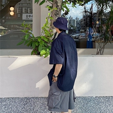 CS3162P55限78日系复古休闲藏青色尖领多口袋衬衣，男装衬衫，电商A089-1