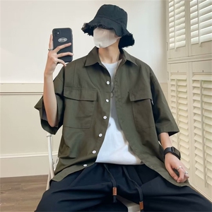 2024夏季新款翻领五分袖衬衫男日系宽松工装衬衣男 现货W8153-P45图片