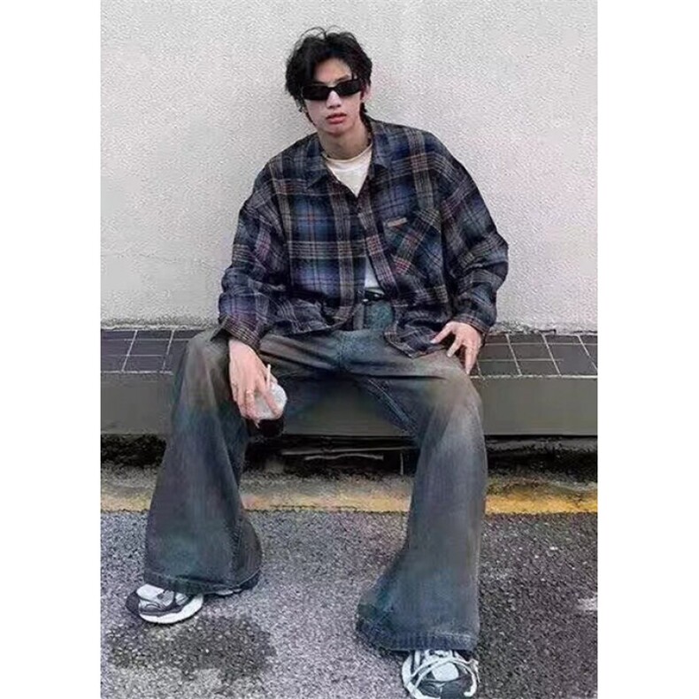 格子衬衫男女痞帅春秋季美式复古外套小众情侣长袖衬衣CSS333,男装衬衫,星座1116A（原606A-3）