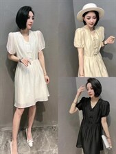 新款洋气V领蝴蝶结扣连衣裙，女装连衣裙，L·H·X