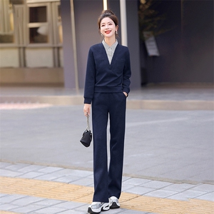 通勤休闲套装女翻领拼接长袖上衣长裤简单大方气质优雅舒适修身图片