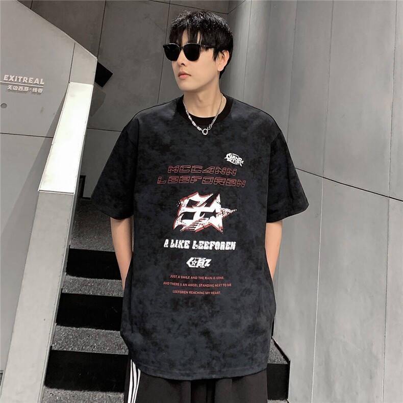 蜡染水洗短袖男圆领做旧美式夏季宽松T恤字母印花上衣T709-P28，男装T恤，电商C307A