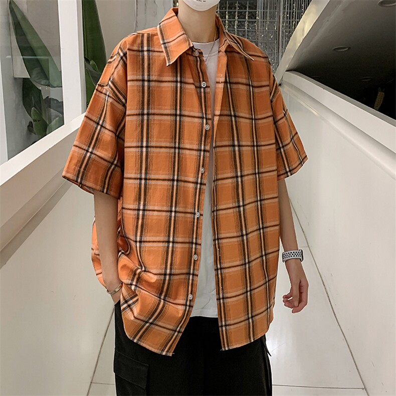 21年夏季短袖衬衫男宽松落肩港风格子衬衫男DS-C407-CS307-P35,男装衬衫,电商C323-1