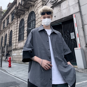 短袖衬衫男宽松假两件上衣ins港风夏季薄款衬衣外套C0513-P35