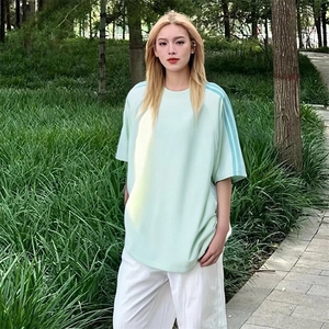 抖音得物品质二开240克宽松纯棉美式潮牌印花三条杠中性风短袖T恤图片