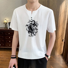 2025新款夏季棉麻清凉男士风盘扣短袖休闲T恤上衣XF9817-P48，男装T恤，星座1105-3
