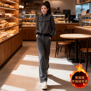 高级感洋气拼接时尚套装女秋冬新款短款拉链开衫卫衣阔腿长裤套装图片