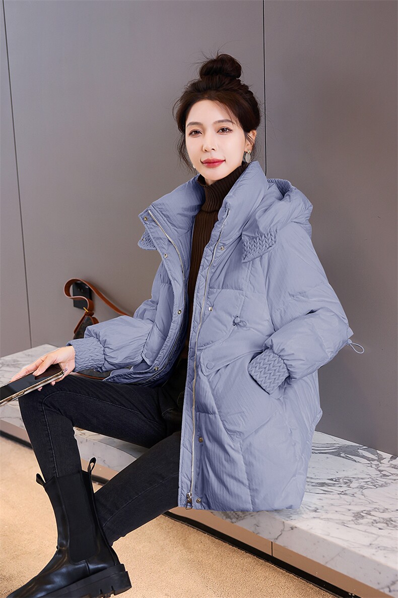 2024冬季新款肌理感90白鸭绒羽绒服女设计感小众时尚连帽加厚外套,女装羽绒服,卡杰菲