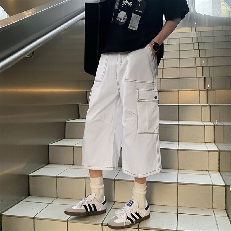 明线阔腿工装七分裤男女夏季美式高街宽松大口袋休闲裤Y1106p45,男装牛仔裤,电商B381-2