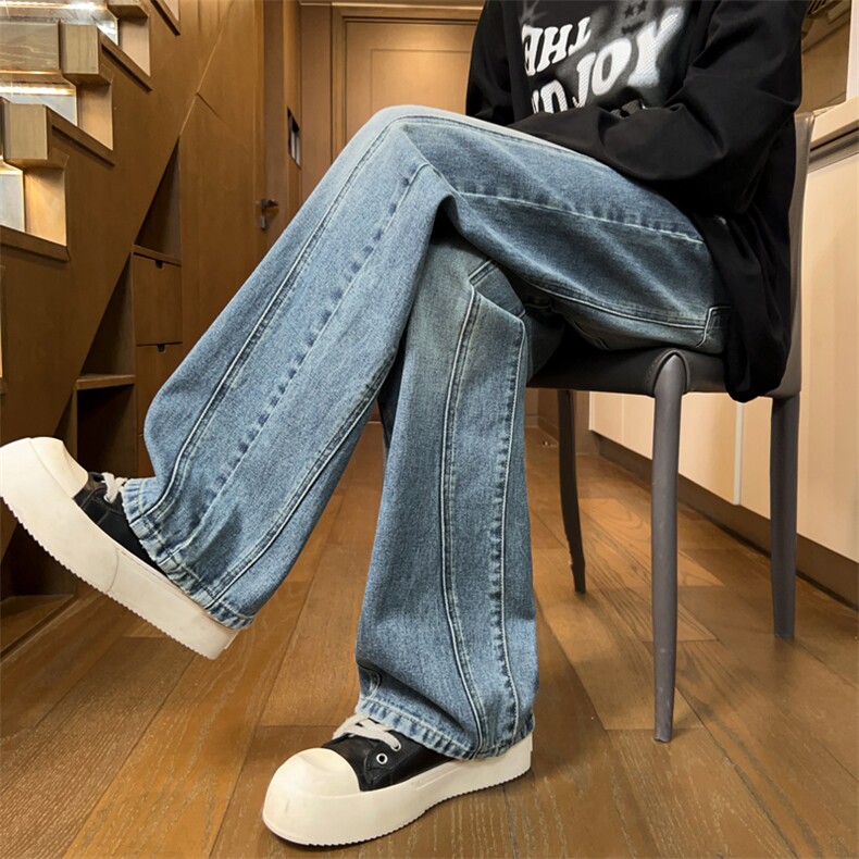 微喇牛仔裤男款春季新款直筒拼接美式高街痞帅弯刀裤子J8092-P50图片