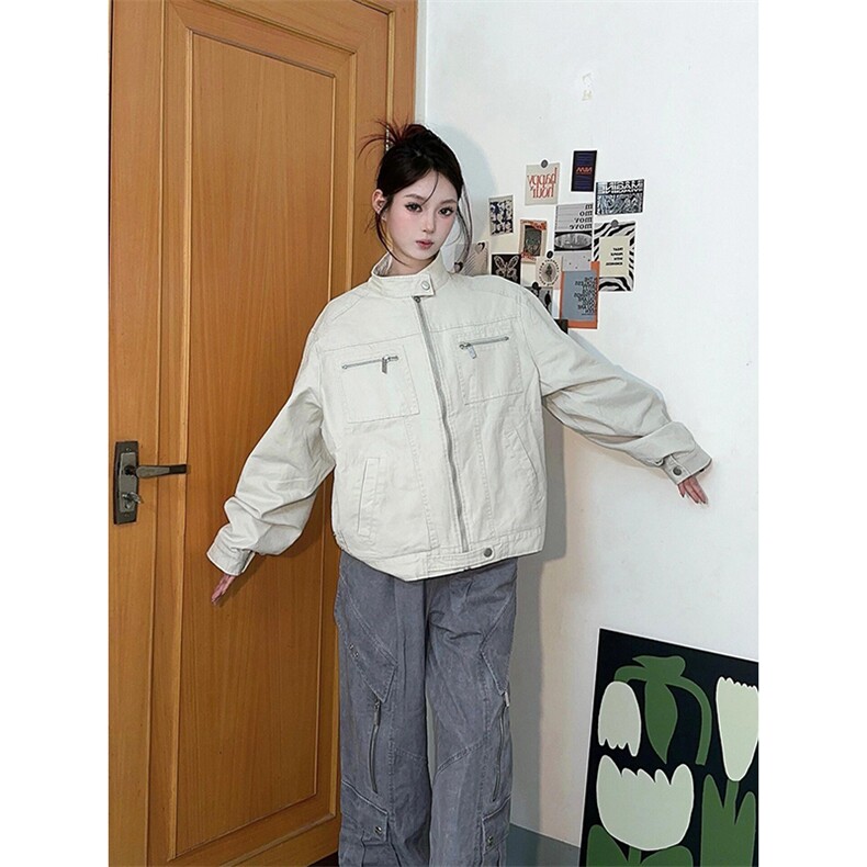26春装高品质老钱风立领夹克外套男女美式潮牌拉链工装风宽松上衣图片
