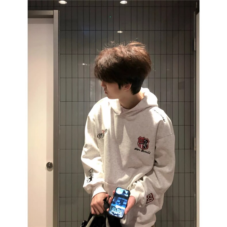 美式重磅白灰色字母勳章刺绣连帽运动衫男女春季新款宽松情侣帽衫,男装卫衣,星座506A