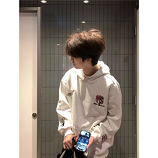 美式重磅白灰色字母勳章刺绣连帽运动衫男女春季新款宽松情侣帽衫，男装卫衣，星座506A