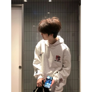 美式重磅白灰色字母勳章刺绣连帽运动衫男女春季新款宽松情侣帽衫图片