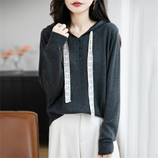 法式设计感蕾丝抽绳百搭宽松连帽针织衫女秋冬休闲毛衣帽衫打底衫，女装羊毛衫，菲奥羊绒