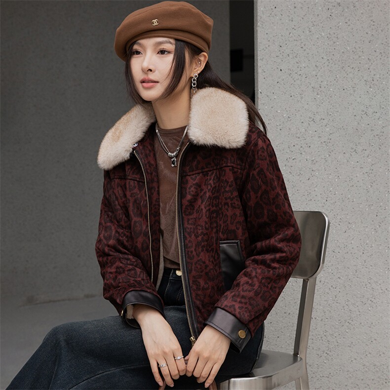 高端欧货2024新款鹿皮拼接皮毛一体加绒加厚机车服豹纹外套女冬,女装皮衣,跑量工厂店