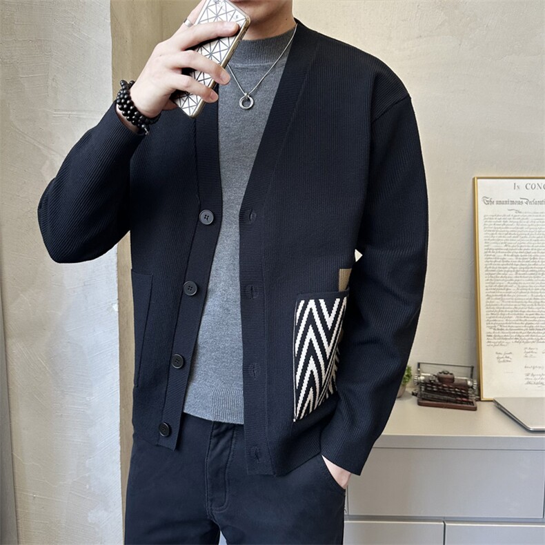 秋季简约休闲V领拼色毛衣开衫时尚休闲男款披肩K5727-P125,男装针织衫/毛衣,电商A237