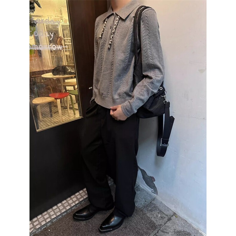 灰色老钱风麦穗提花针织衫男秋季高级感polo领毛衣慵懒松弛感卫衣,男装Polo衫,星座506A
