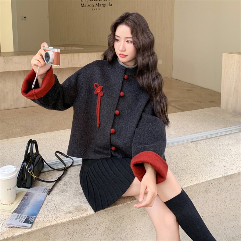 复古撞色短款双面羊绒大衣女秋冬新款高级感时尚小个子毛呢外套潮，女装毛呢外套，浙宝290（原306）
