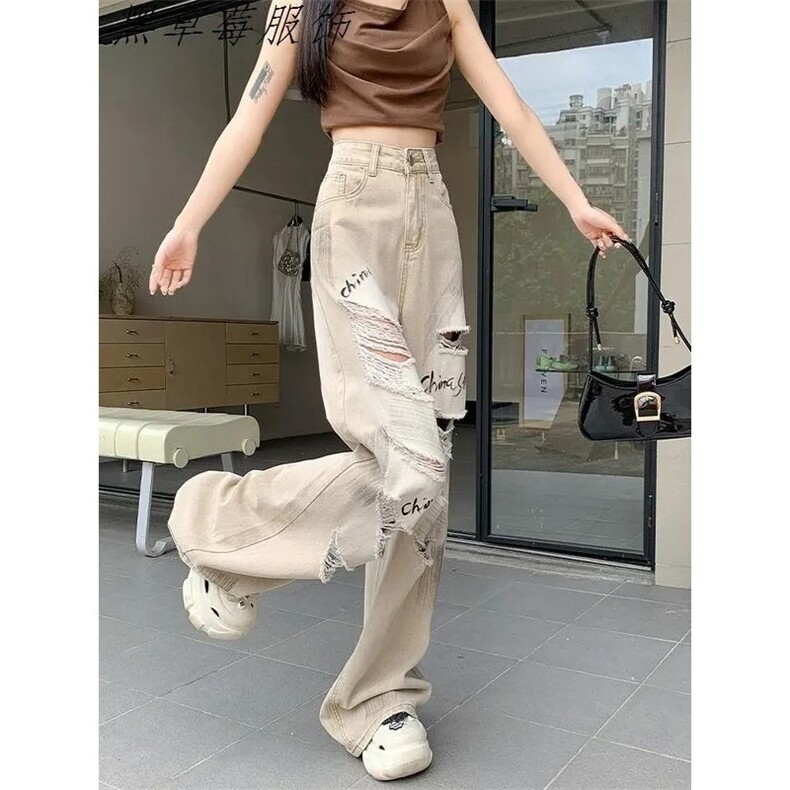 美式高街破洞牛仔裤女夏季新款薄款高腰直筒阔腿宽松拖地裤,男装牛仔裤,星座613