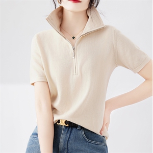 纯棉线针织拉链半开领短袖T恤女2025夏薄透气小衫上衣polo翻领t恤图片