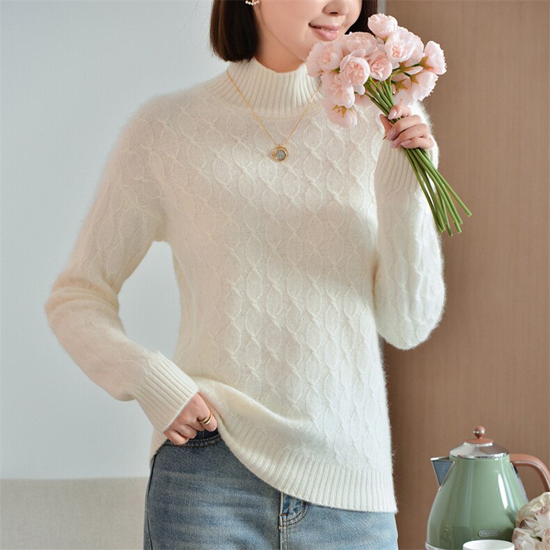 女士秋冬季简约百搭纯色扭花半高领羊毛衫，女装羊毛衫，宋氏羊绒