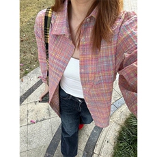 TC581-P45粉色格纹少女感衬衫春秋休闲韩系chic港味上衣，女装衬衫，星座617A-2