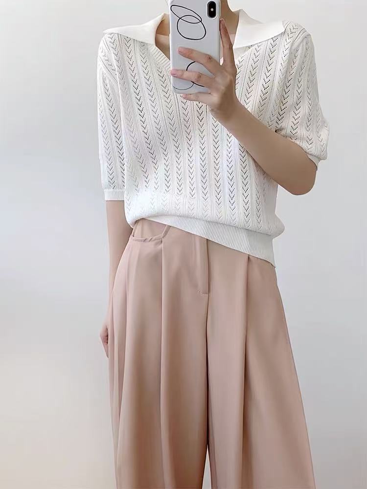 2025新款夏季薄款翻领针织短袖女宽松显瘦百搭休闲上衣,女装T恤,百纯羊绒