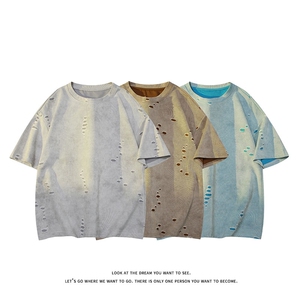 美式破洞短袖T恤男夏季潮牌半袖衣服宽松重磅体恤衫T3650-特价P33,男装T恤,电商A007