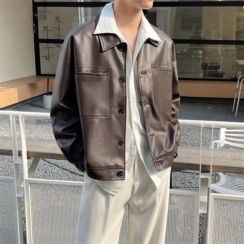 秋款男皮衣工装大口袋单排扣皮夹克休闲外套J15P65,男装夹克,星座1013-1