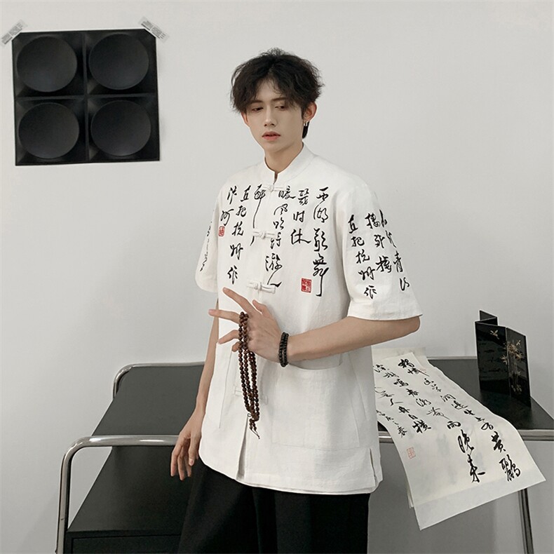 新中式书法汉字刺绣风五分袖衬衫开衫盘扣T2881-P65图片