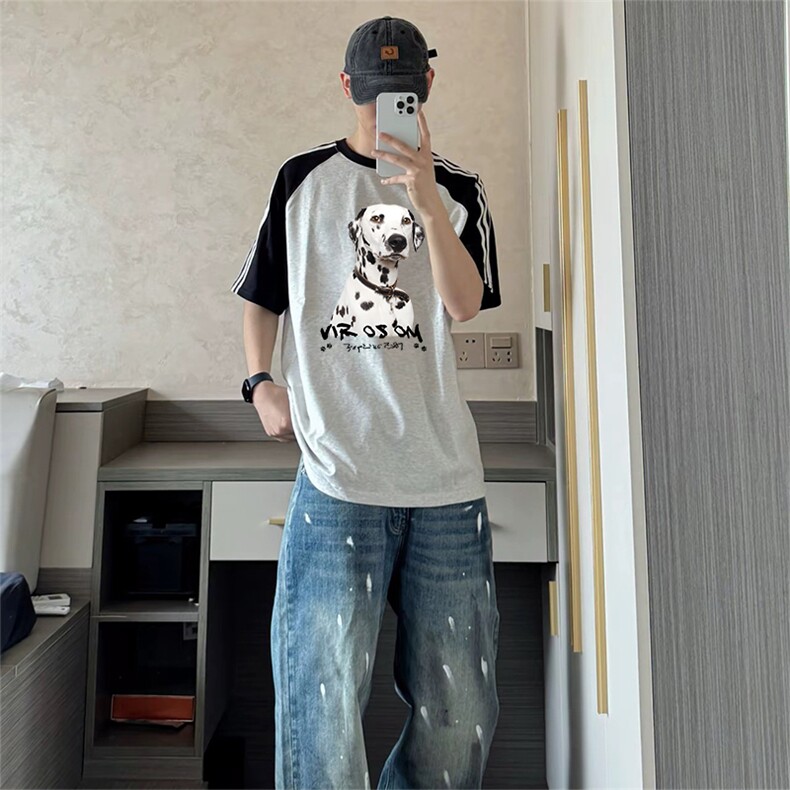 抖音得物品质二开240克宽松纯棉美式潮牌插肩三杠织带短袖T恤,男装T恤,电商A486
