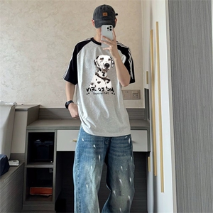 抖音得物品质二开240克宽松纯棉美式潮牌插肩三杠织带短袖T恤图片