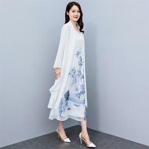 大码防晒衣女夏装新中长款雪纺披肩开衫外套时尚印花连衣裙两件套图片