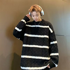 港风美式条纹提花磨毛慵懒风套头圆领毛衣男M6530-P51，男装针织衫/毛衣，星座1109-3
