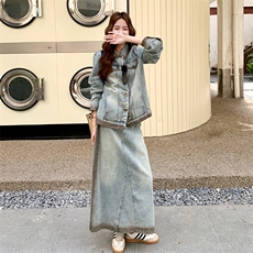 韩系复古牛仔外套半身裙套装女2025春秋季新款韩系减龄显瘦两件套，女装套装/套裙，2C292