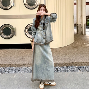 韩系复古牛仔外套半身裙套装女2025春秋季新款韩系减龄显瘦两件套图片