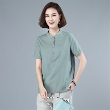 2021年夏季新款立领棉麻衬衫女纯色短袖立领文艺小衫短袖韩版上衣，女装衬衫，伊满意