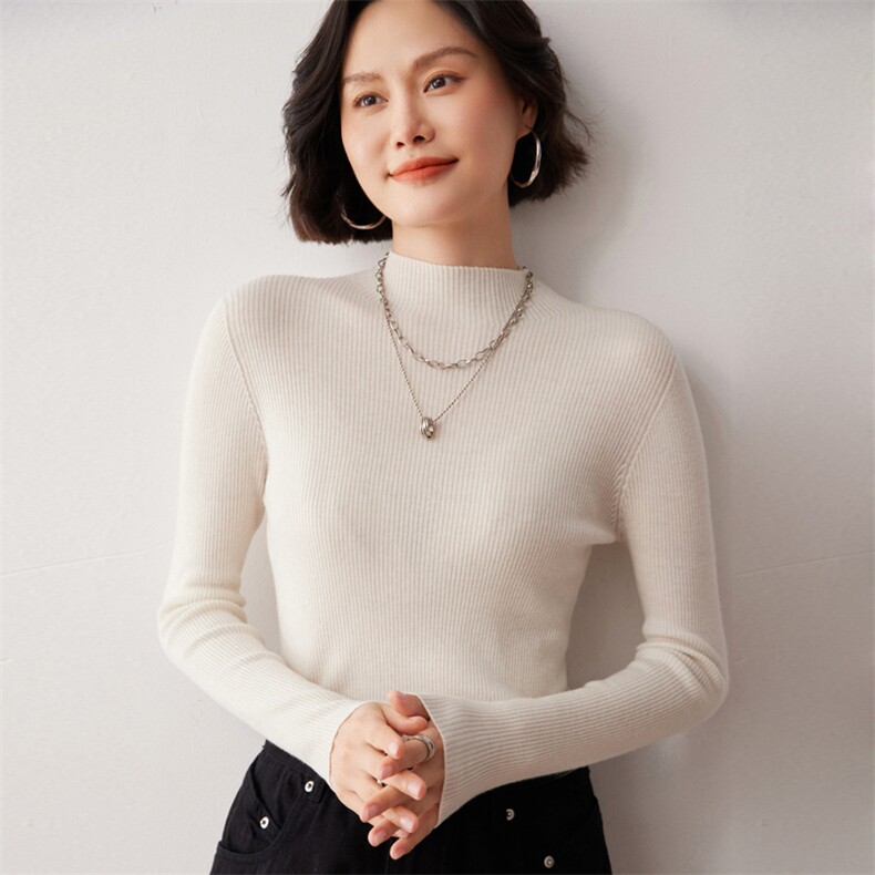 秋冬新款洋气时尚百搭显瘦女款精纺一线成衣半高领35%羊绒衫,女装羊绒衫,艾巧羊绒