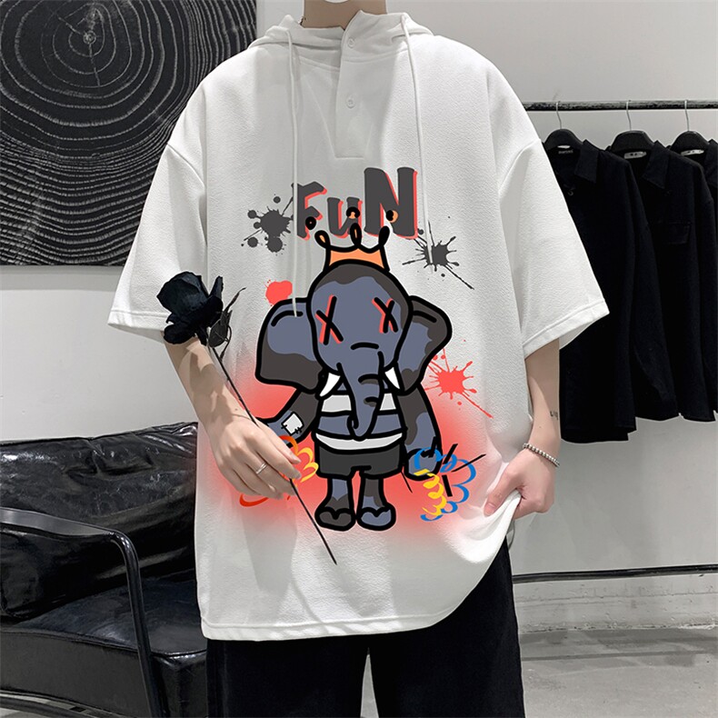 LD54221-P45 连帽短袖t恤男大码胖子带帽五分袖中袖 大皂风图片
