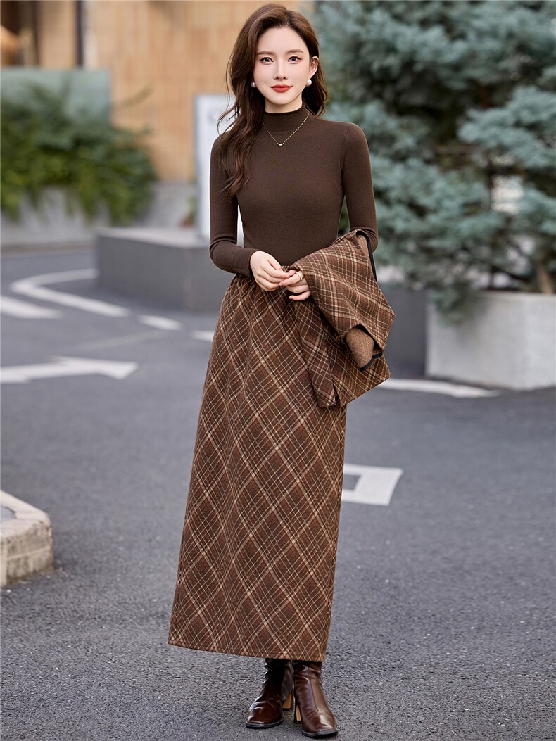 新款美拉德穿搭咖色格纹+长袖打底衫三件套套裙,女装连衣裙,鑫鑫美