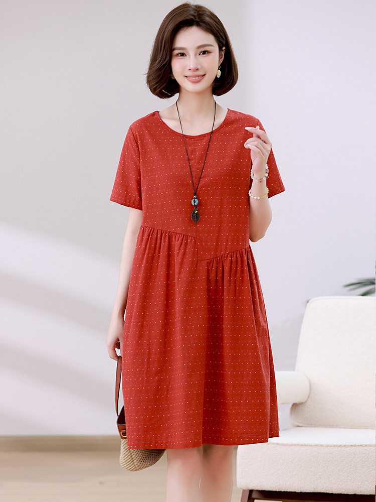 全棉短袖连衣裙2024新款女夏季韩版宽松圆领小个子中年女装裙子棉,女装连衣裙,忆绮罗