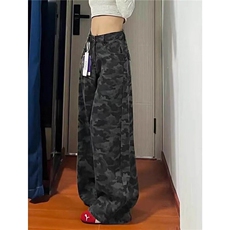 美式高街工装阔腿迷彩牛仔裤男女新款高腰直筒拖地裤子L83533-P47，男装牛仔裤，星座1008