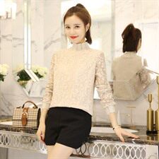 显瘦修身镂空蕾丝套头长袖2021年春季件半高领纯色蕾丝衫/雪纺衫，女装蕾丝衫/雪纺衫，安之芮娜