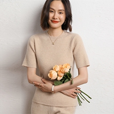 羊绒衫女圆领短袖纯色内搭毛衣百搭针织打底上衣，女装羊绒衫，五色羊羊绒