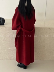 【依嘟】25冬新赫本风红色系带狐狸毛领长款小个子羊毛外套(配，女装双面呢大衣，依嘟服饰