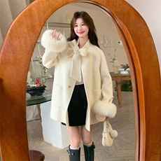 新款！冬装真狐狸毛双面羊毛呢大衣2C133-8991-P360-K498，女装毛呢外套，2C133